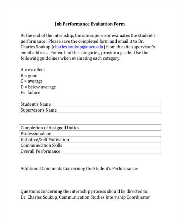 standard job performance evaluation form