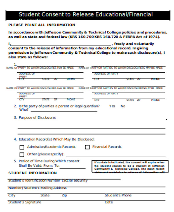 standard student consent form