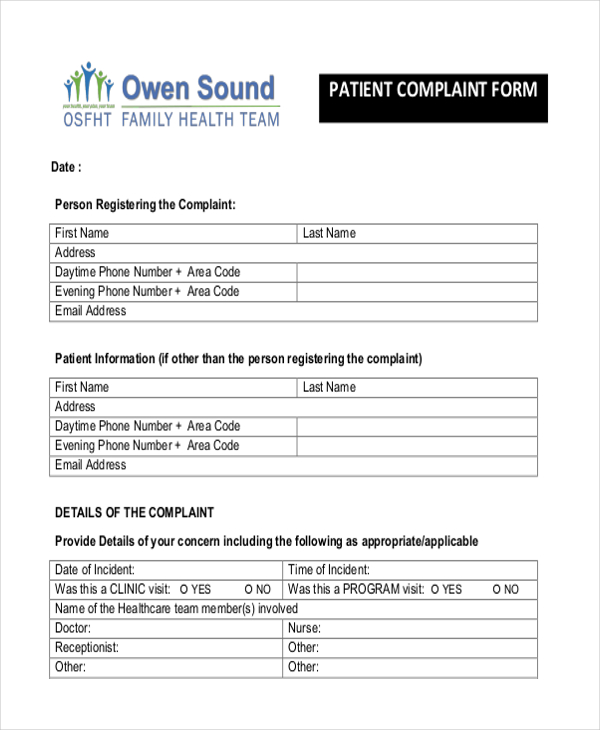 standard patient complaint form