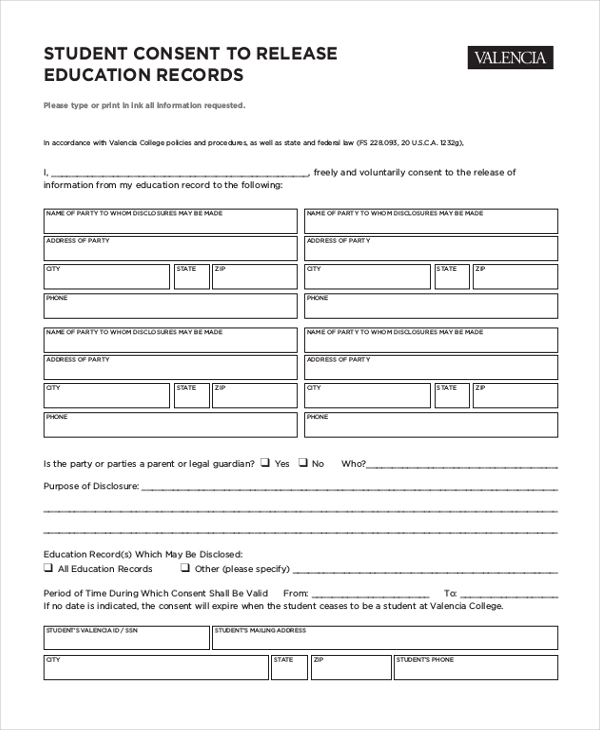student consent to release form