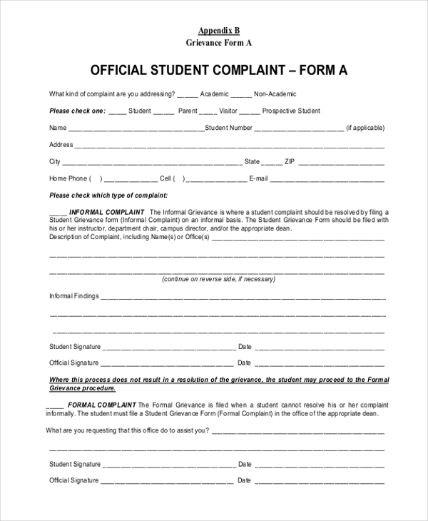 student official complaint form 