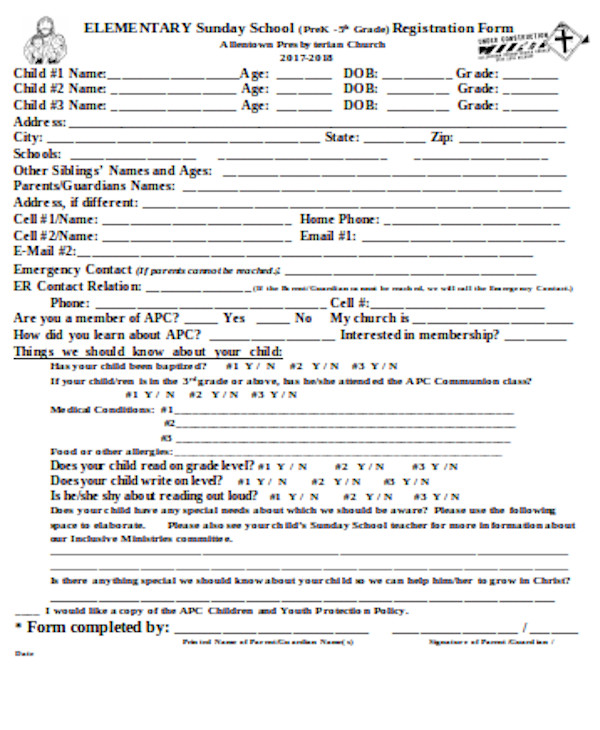 sunday school registration form