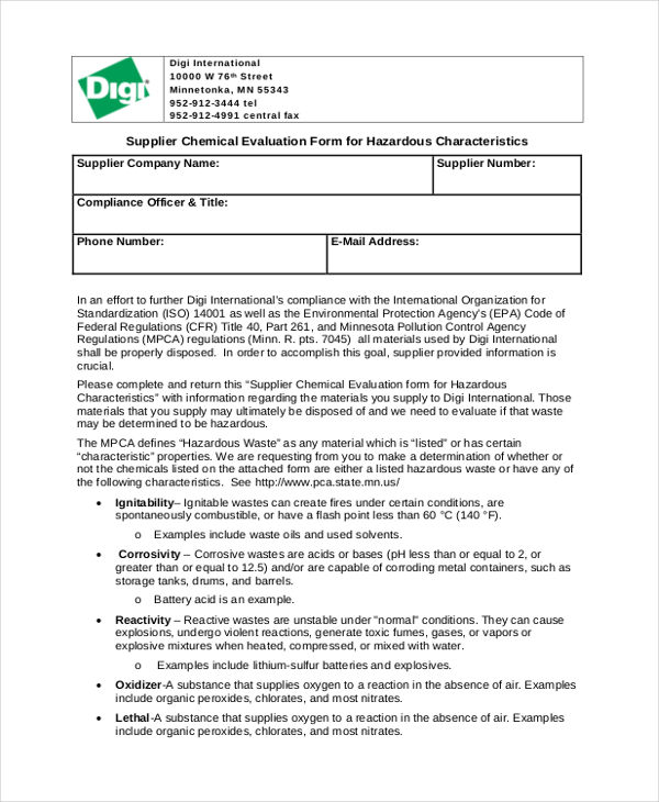 supplier chemical evaluation form