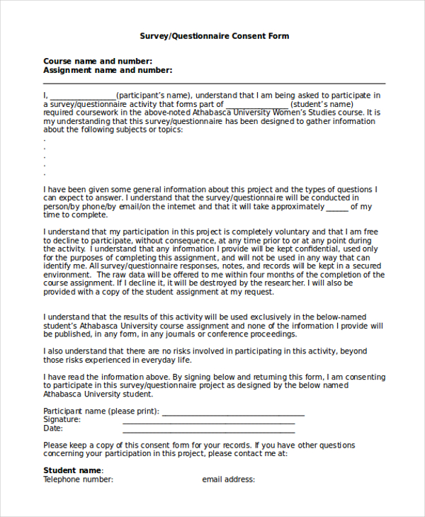 student project consent form for research questionnaire