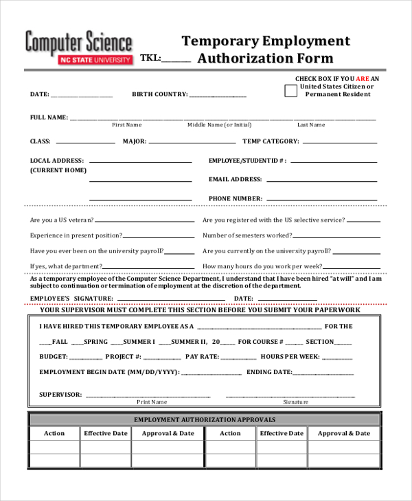 temporary employment authorization form