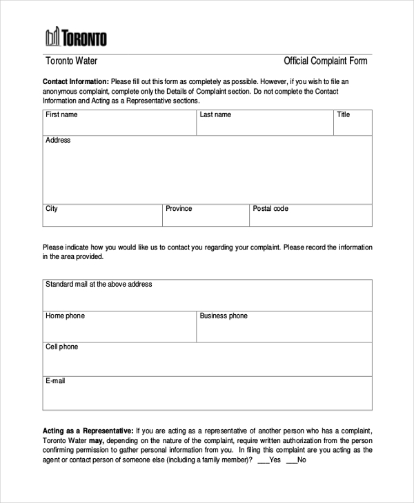 toronto water official complaint form