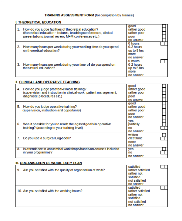 training assessment form