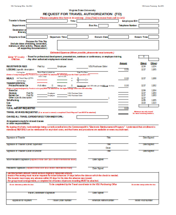 Travel Authorization Form Template