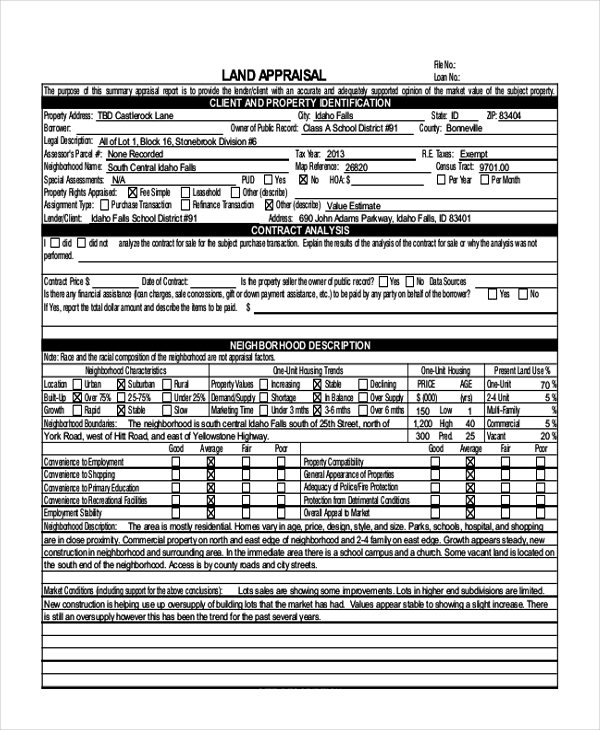Free 8 Sample Land Appraisal Forms In Ms Word Pdf 1478