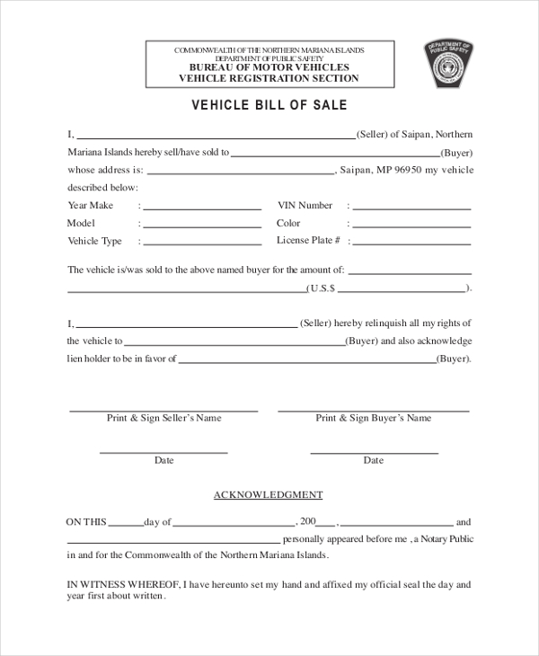 vehicl bill of sale form