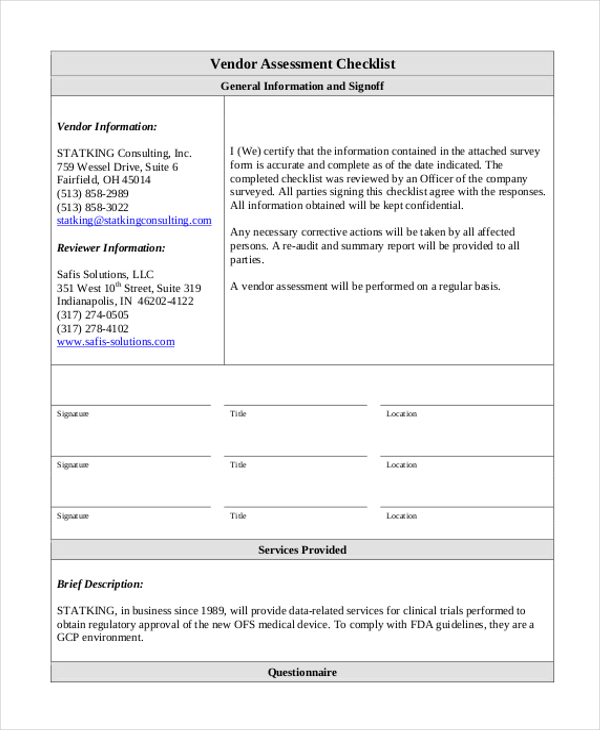 vendor assessment form