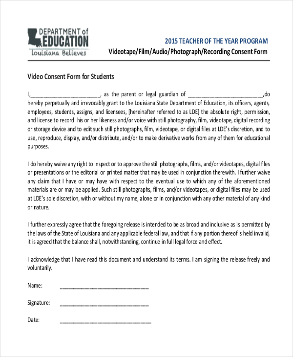video consent form for students