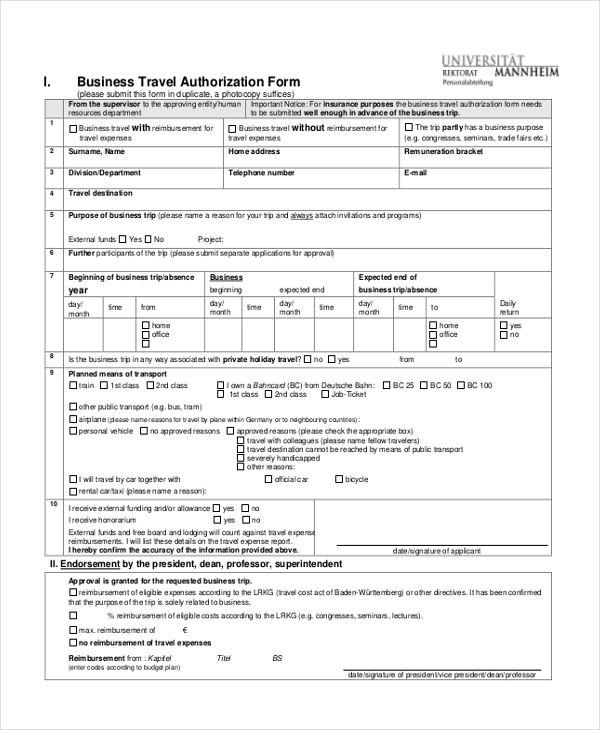 business travel authorization form