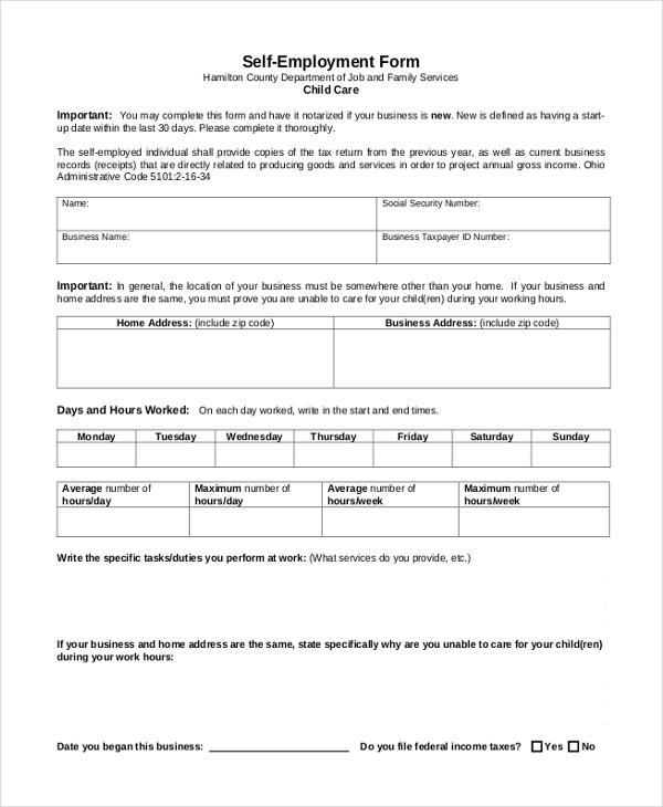 child care self employment form