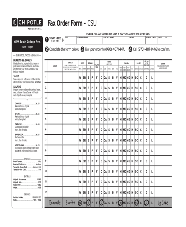 Chipotle Printable Order Form