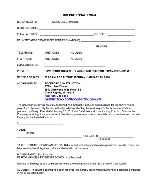 construction bid proposal form