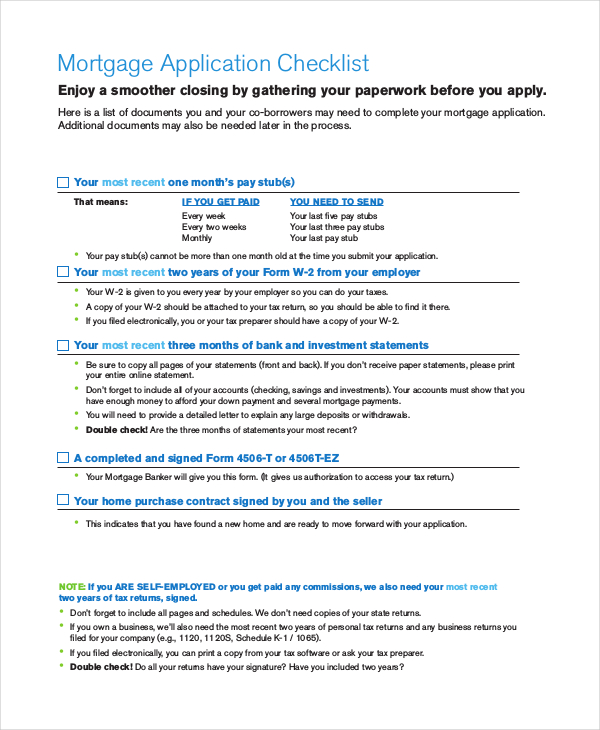 mortgage application checklist