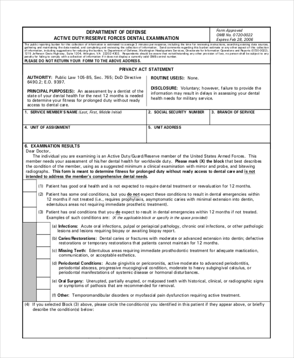 Free 9 Sample Dental Examination Forms In Pdf Word 1333