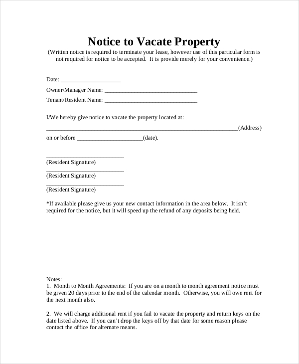 FREE 9 Sample Notice To Vacate Forms In PDF MS Word