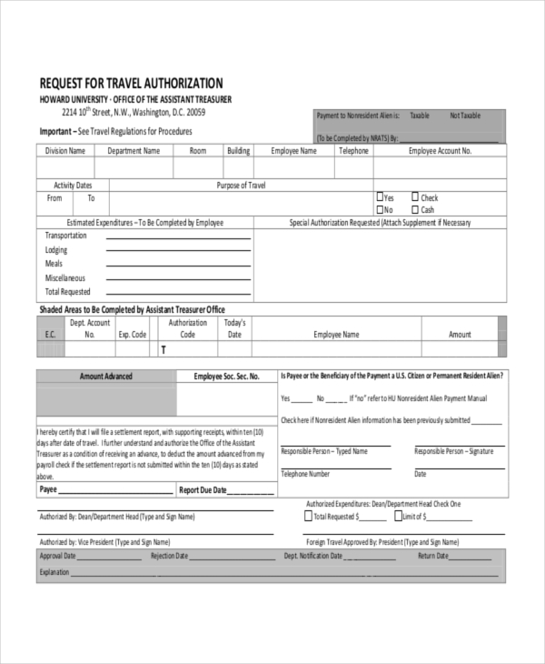 Free 11 Sample Travel Authorization Forms In Pdf Ms Word Excel 0589