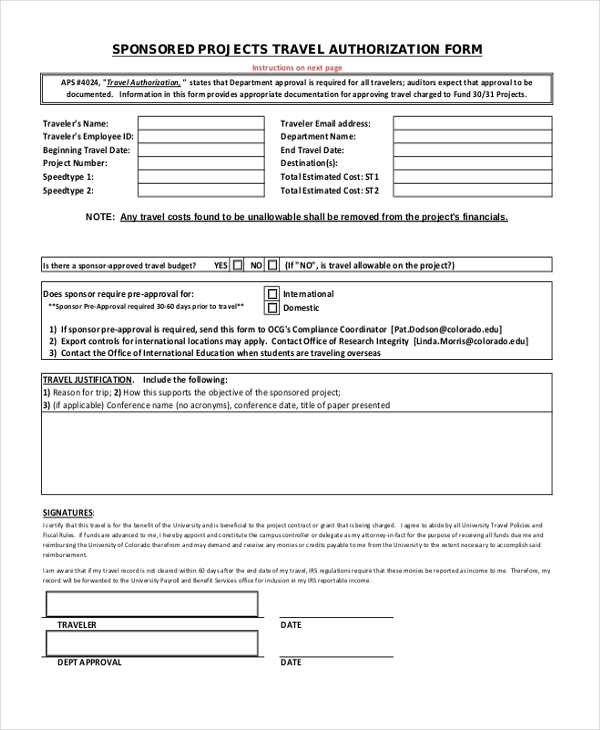 sponsored projects travel authorization form