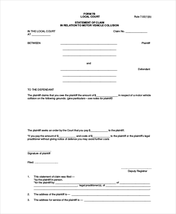 statement of claim form for local court