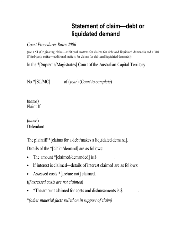 FREE 11+ Sample Statement of Claim Forms in PDF Excel Word