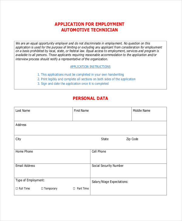 Free 12 Sample Application For Employment Forms In Pdf Excel Ms Word 6337