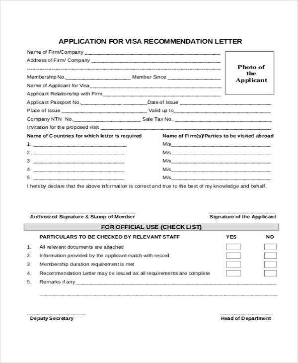 application for visa recommendation letter
