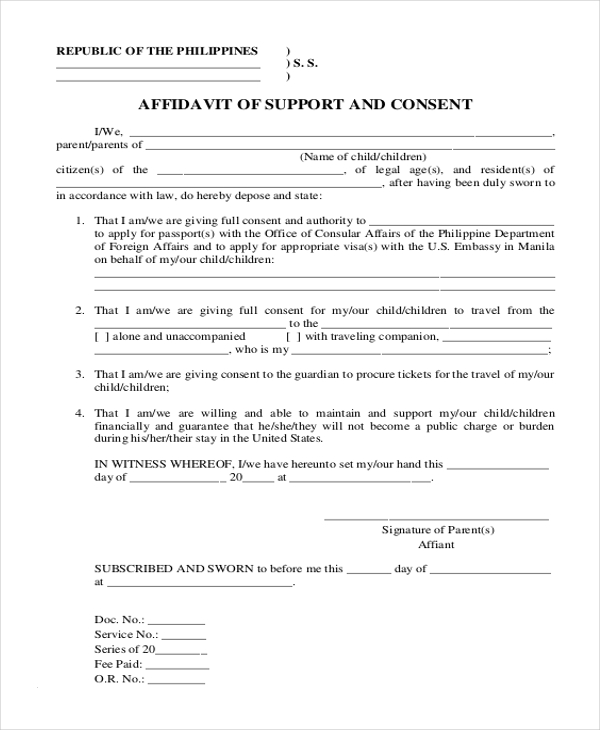 affidavit of support and consent form