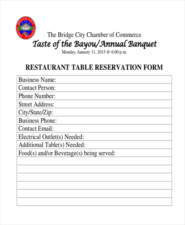 annual banquet restaurant reservation form