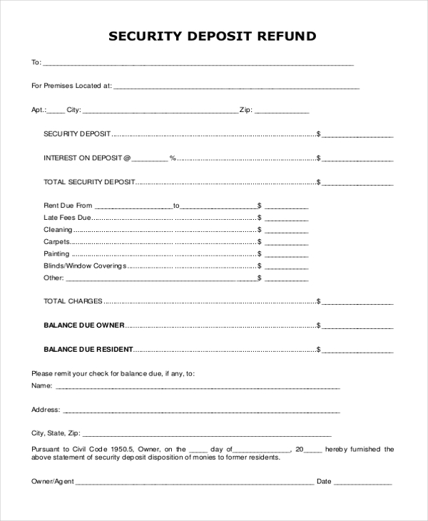 FREE 9+ Sample Security Deposit Refund Forms in PDF MS Word