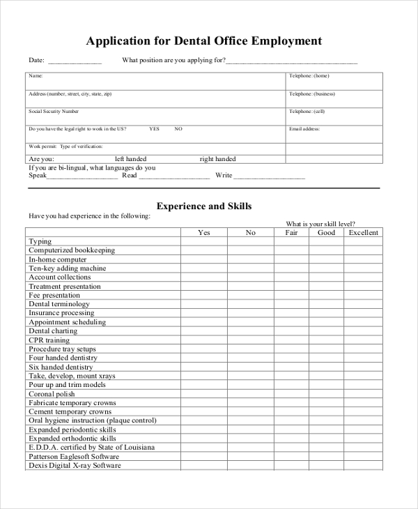 application for dental office employment