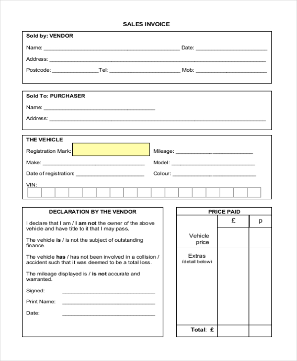 auto sales invoice form