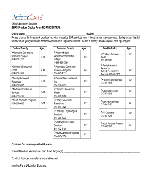 bhrs provider choice form