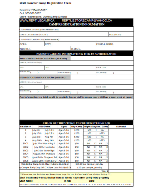 basic summer camp registration form