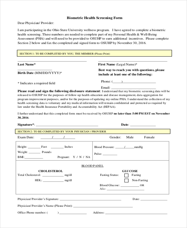 biometric health screening form