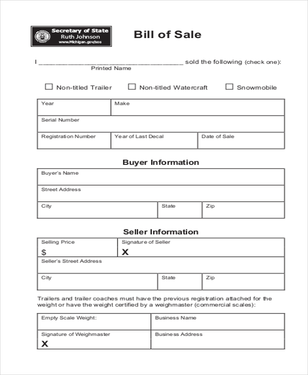 Bill Of Sale Sample Form