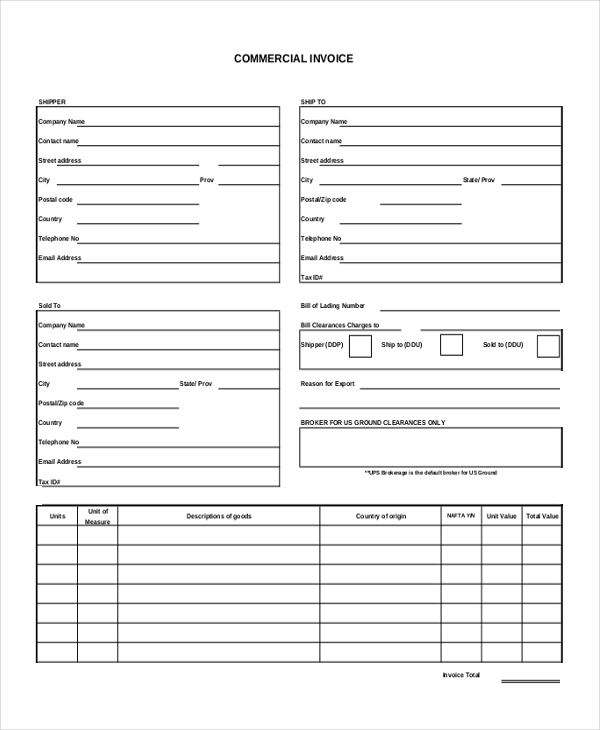 commercial invoice template to fill out