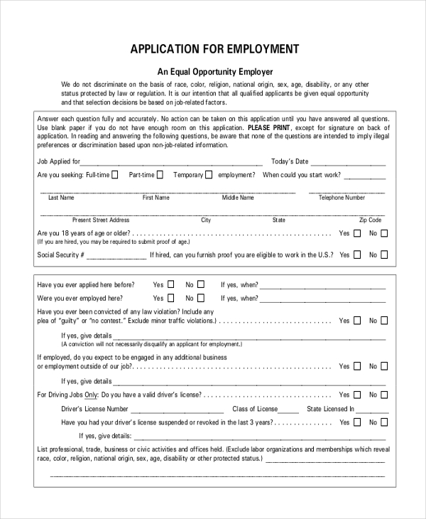 Free 12 Sample Employment Application Forms In Pdf Ms Word Excel 9219