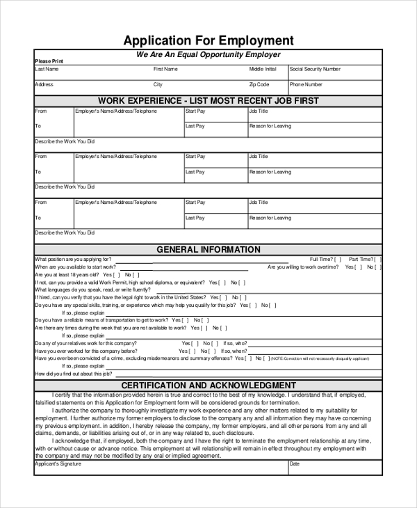 Free 12 Sample Application For Employment Forms In Pdf Excel Ms Word 5466