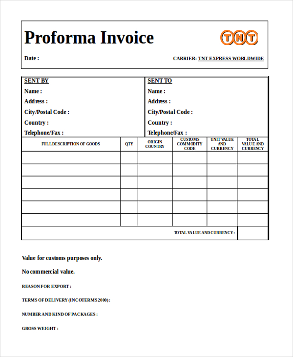 proforma invoice sample form Sample  Invoice FREE  8 Blank WORD in PDF Forms
