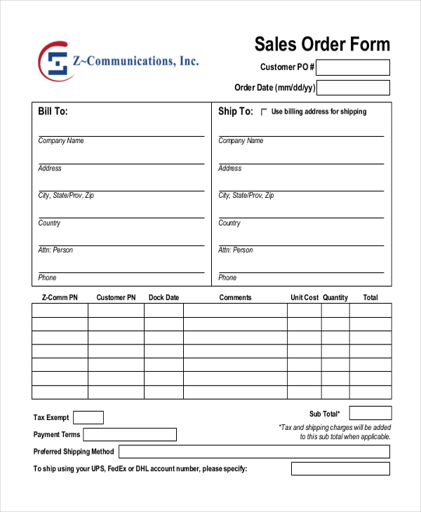 Printable Sales Order Form Template