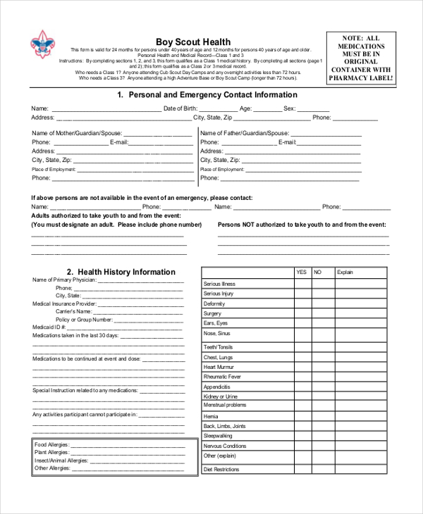 scouts form girl history health in PDF Sample Form    Free Health Scout 8 Documents