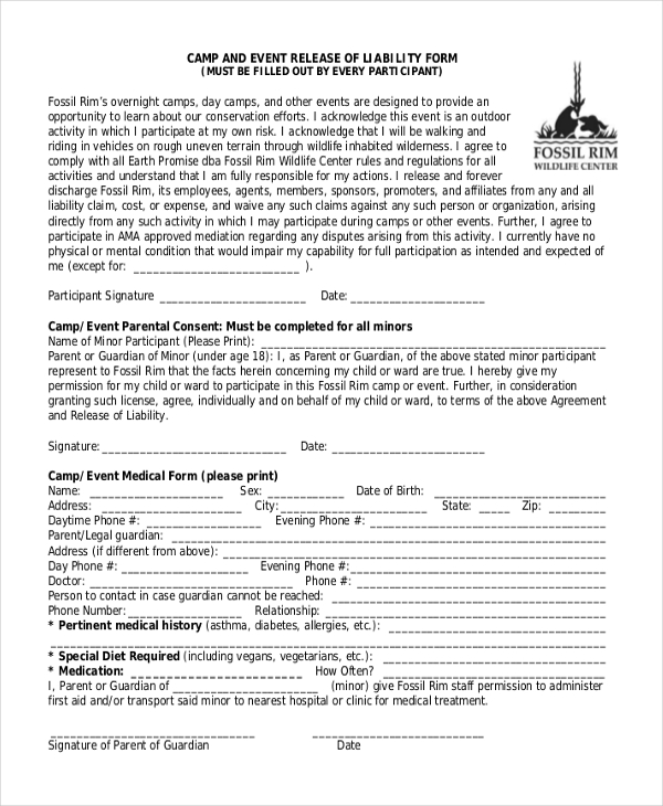 camp and event release of liability form