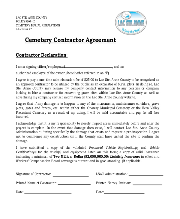 cemetery contractor agreement