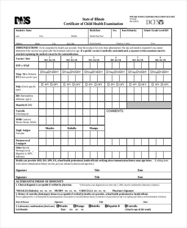 certificate of child health examination form