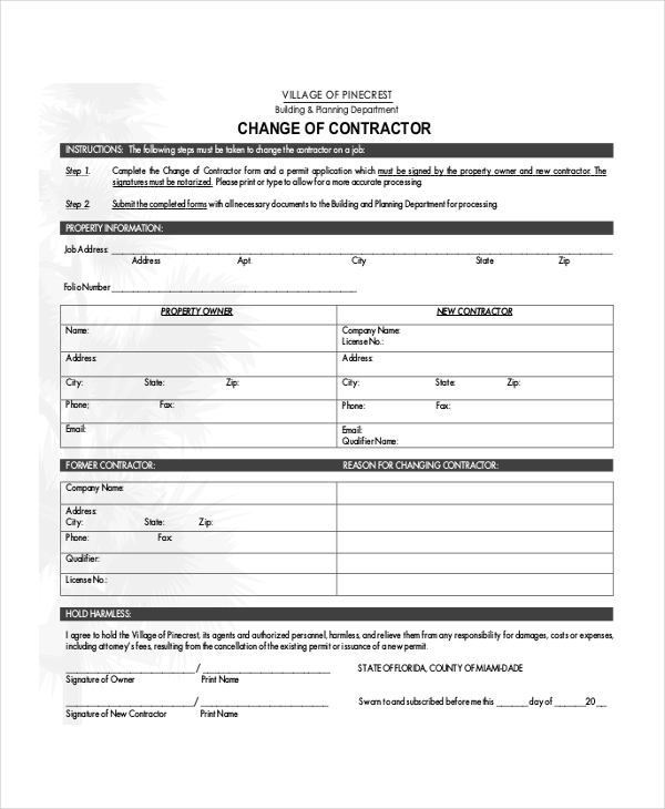 change of contractor form