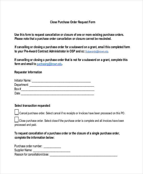close purchase order request form