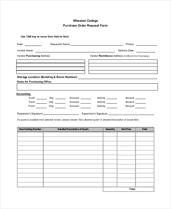 college purchase order request form